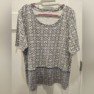 J.Jill Pima Cotton Scoop Neck Tee XL Petite Blue Floral Medallion Elbow Sleeve